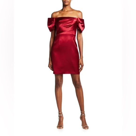 NWT Aidan Mattox Dark Red Satin Puff Sleeve Off The Shoulder Dress 12 - Picture 1 of 13
